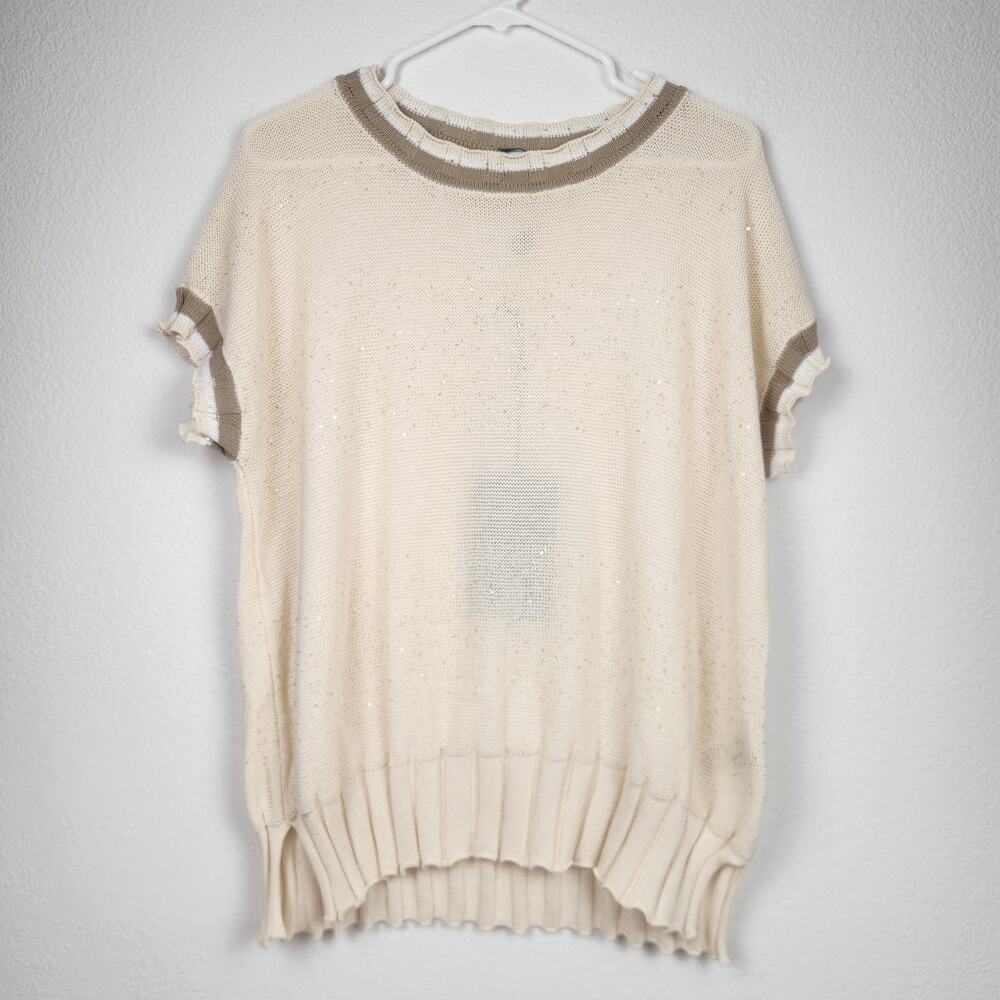 Lorena Antoniazzi Sweater Cream Short Sleeve Sequin Size 42 Italian US Small NWT